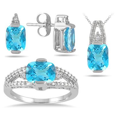 5.75 CARAT GENUINE SWISS BLUE TOPAZ AND DIAMOND MATCHING ENSEMBLE IN .925 STERLING SILVER