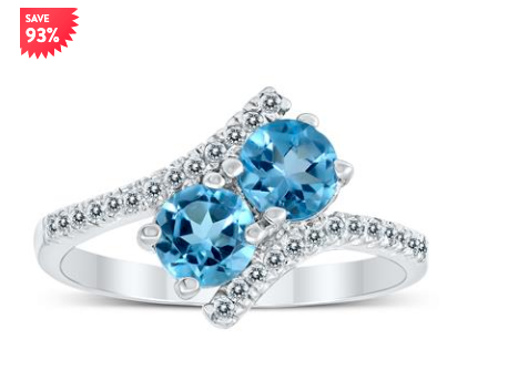 GENUINE BLUE TOPAZ AND WHITE TOPAZ TWO STONE RING