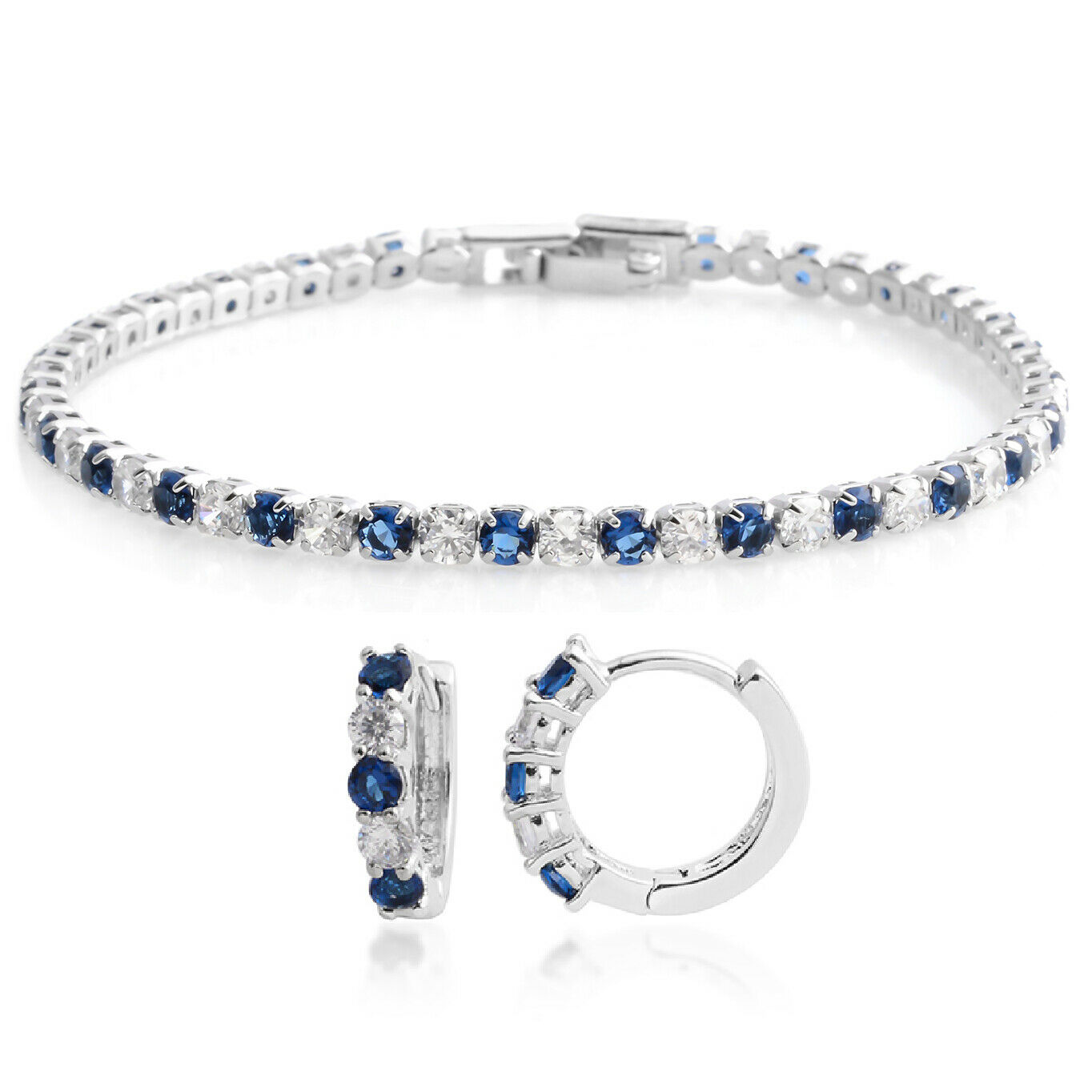 Silvertone Created Sapphire Huggie Earrings Tennis Bracelet Set Gift Size 7''