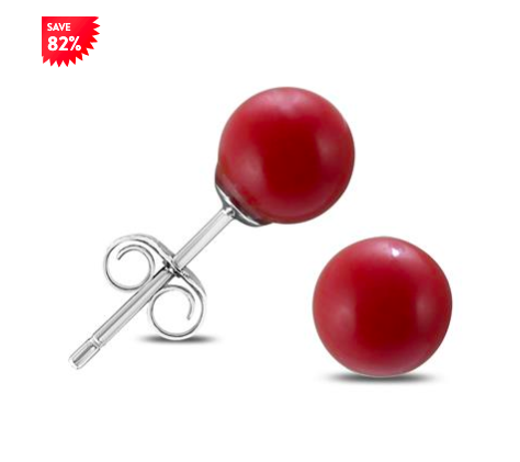 6MM RED CORAL BALL EARRING IN .925 STERLING SILVER