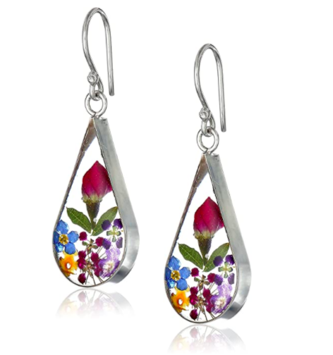 Sterling Silver Pressed Flower Teardrop Earrings